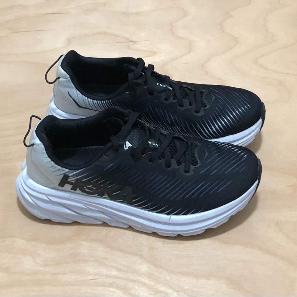 Hoka Rincon 3 Running Sneakers in White Black and Gray Comfort Unisex Women 7.5
